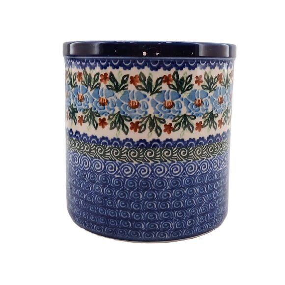 Unikat M. Starzyk Ceramic Utensil Holder w/ Swirl Blue/Wave & Floral Pattern - Picture 5 of 12